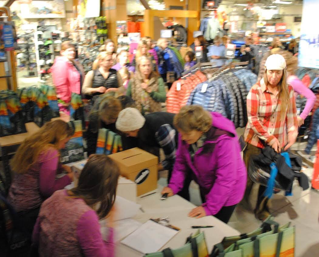 The registration line at Women's night at Eastern Mountain Sports in North Conway, NH November 2016. This event was sponsored in part by Prana and The Curtis Group.