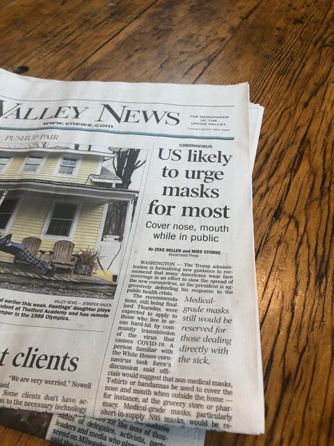 Local New Hampshire newspaper, Valley News reports on new Covid-19 guidelines for the general public on April 4, 2020.